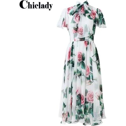 CHICLADY Summer Designer Holiday Party Dress Womens Short Sleeves White Rose Floral Printed Casual Mid Calf Length Vestidos new