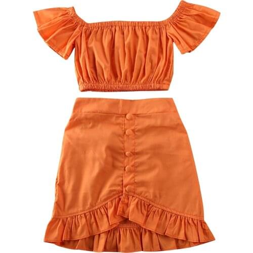 2020 Baby Summer Clothing Kids Baby Girls Off Shoulder Crop T-shirt Tops Dress Irregular Skirt Solid Orange Outfit Clothes 1-6T
