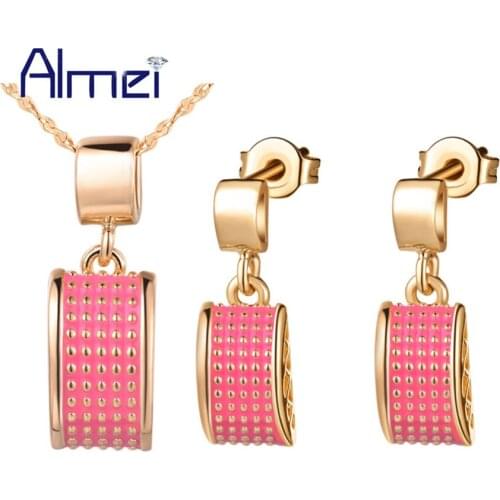 Almei 2017 Turkish Bridal Pink Enamel Jewerly Sets for Women Rose Gold Color Earrings Green Necklace Set Wedding for Women T242