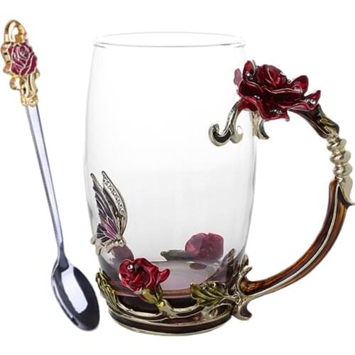 Enamel Coffee Tea Cup Mug 3D Rose Butterfly Glass Cups Wedding Gift SEC88