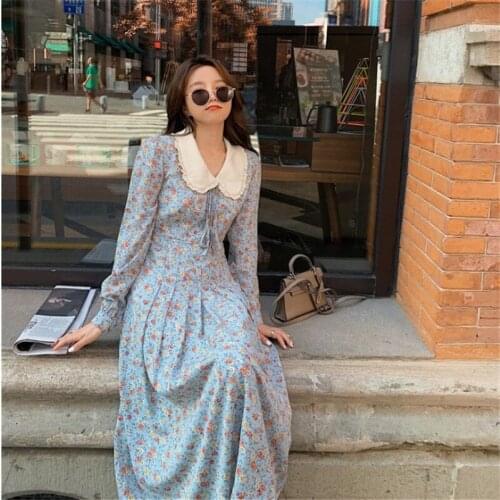 Limiguyue Elegant Lapel Lace-up Floral Dress Women Slim Waist Midi Dresses A-line Dress Vestidos Sweet Princess Sundress K2189
