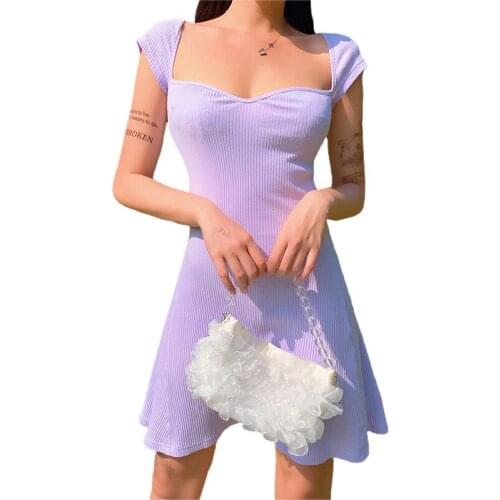 Fashion Summer Women Lady Sexy Square Neck Knitted Dress Shorts Sleeve Knitted Solid Color A-line Dress Mini Dress