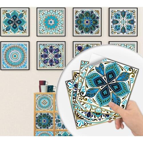 10pcs/set Dark Blue& White Mandala Ceramics Tiles Wall Sticker Kitchen Tables Art Mural Home Decor Peel & Stick PVC Wall Decals