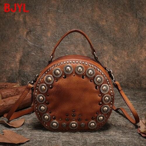 2020 New Original Design Retro leather handbag women Handmade Rivet Round Tote Bag genuine Leather small Shoulder Crossbody Bags