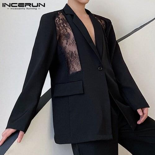 INCERUN 2021 News Sexy Hollow Lace Blazer Patchwork Fashion Solid Color Suit Stylish Men Button Grade Loose Suit Jackets S-5XL