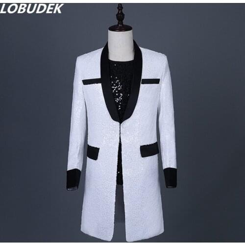 New Shiny Sequins White Long Blazers Magicians Costume Nightclub Bar Male Singer Stage Performance Slim Jacket Plus Size S-3XL
