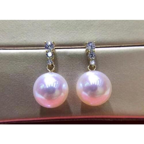 HUGE 12-13mm south sea genuine white round pearl dangle pearrings yellow gold