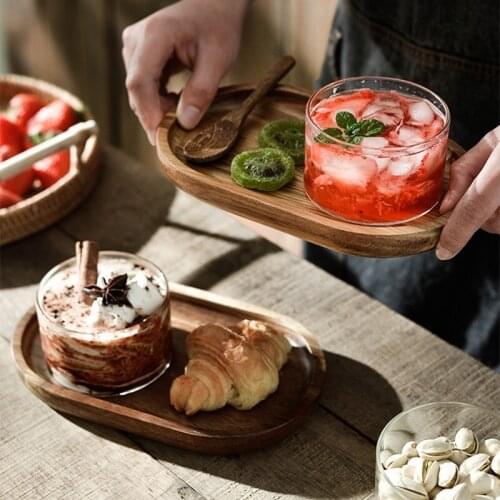 Japanese Style Oval Acacia Wood Plate Food Fruit Snack Cake Dessert Serving Tray Household Tea Tray Tableware Decorative Tray