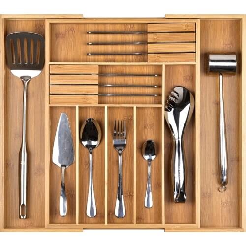 Adjustable Bamboo Tableware Storage Box Knife Rack Dinnerware Tray Flatware Organizers Kitchen Storage