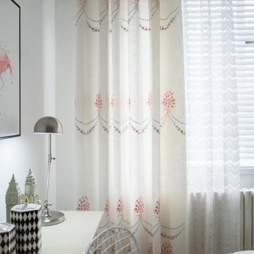 Embroidery Curtains for Living Room Bedroom Korean Girls Curtain with Pink Flowers Drapes Ready Made Blinds Window Treatment