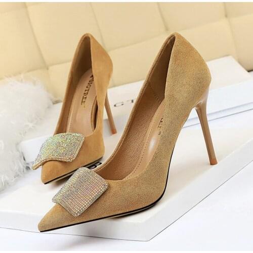 BIGTREE shoes suede shallow mouth high heels 2019 new fashion crystal buckle pumps Kitten heels sweet Ladies party wedding shoes