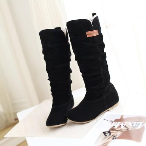 Women Lace Nubuck Flat Heels Winter Snow Boots Shoes Womens Flock Plush Padded Winter Long Riding Motorcycle Boots Shoes