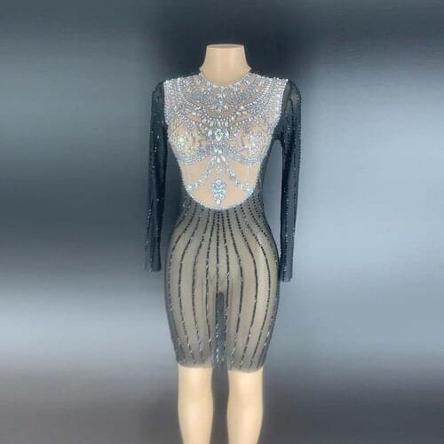 2020 Silver Black Rhinestones Transparent Dress Long Sleeves Bar Women Dancer Show Dress Birthday Outfit Dress YOUDU