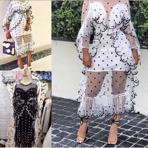 Elegant Polka Dots Lace Sexy Bodycon Dress Summer 2021 Midi Dresses Ladies Fashion Lace Perspective Long Sleeve Party Dress