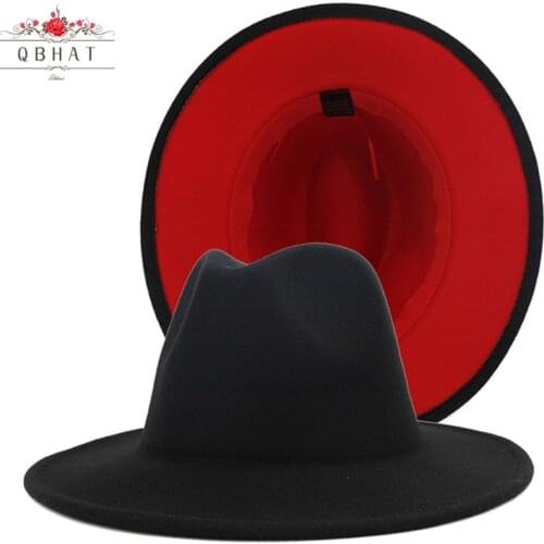 QBHAT Mens Women Black Red Patchwork Wool Felt Floppy Jazz Fedora Hats Fashion Party Formal Hat Wide Brim Panama Trilby Cap