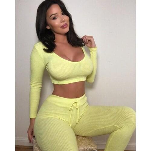 TNNAOFF Rib Long Sleeve Womens Tracksuit Hoodies two Piece Set Sweatshirt + Pants Sexy Sport Suit Spring and Autumn Sportswear