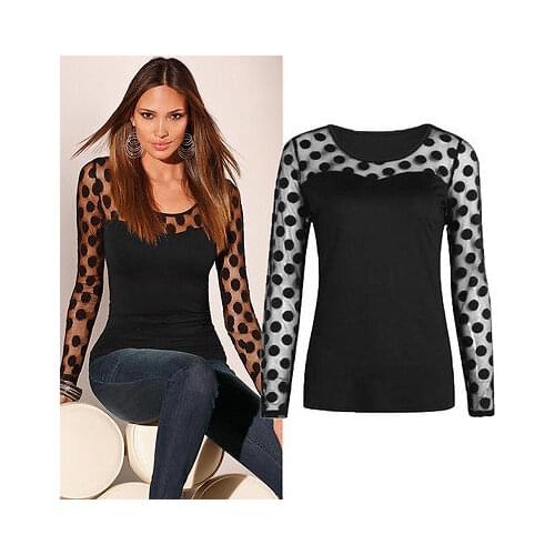 Womens hot-selling new mesh polka dot T-shirt European and American bottoming shirt Blouse Shirt