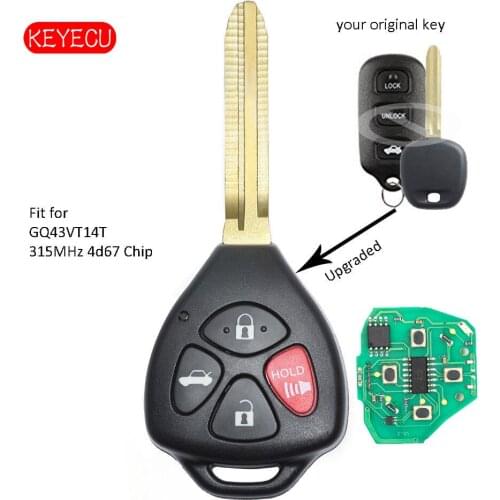 Keyecu Upgraded Remote Key Fob 315MHz 4D67 Chip for Toyota Camry Corolla Sienna FCC ID : GQ43VT14T