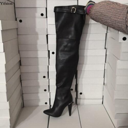 Olomm Women Winter Over The Knee Boots Spike High Heels Boots Pointed Toe Elegant Black Casual Shoes Women Plus US Size 5-15