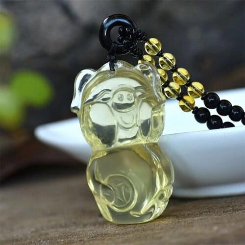 Wholesale Yellow Natural Crystal Pendant Hand Carved Zodiac Pig Pendant Sweater Chain Necklace Lucky for Women Men Gift Jewelry