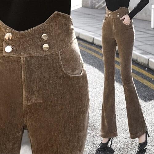 Fall New Corduroy Pants Women Slim Front Double Breasted High Quality Empire Flared Pants Thick Coffee Winter Commute Trousers