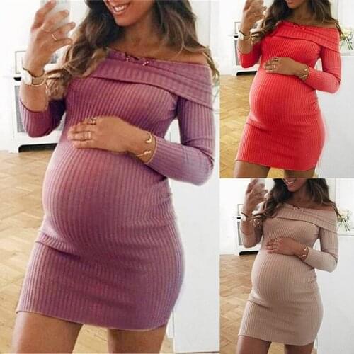 Pregnant Dress Woman Solid Color Shoulderless Clothes Plus Size S/M/L/XL/2XL Maternity Long Sleeve Dress Cute Premama Clothing