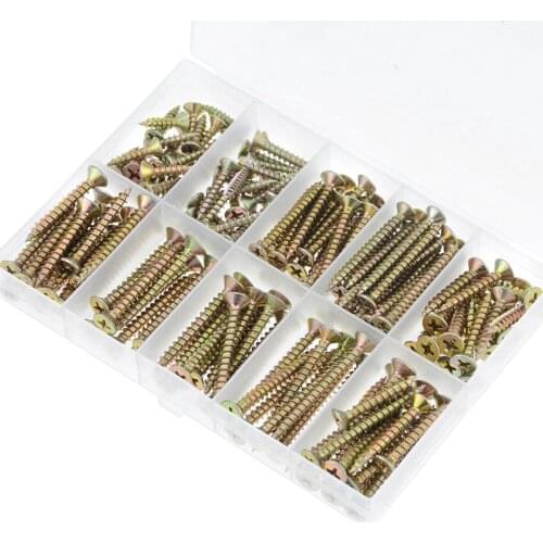 160PCS/Box Cross Recessed Countersunk Fiberboard Chipboard Screws M3.5 M4 Yellow Zinc Coated Flat Head Self Tapping Wood Screw