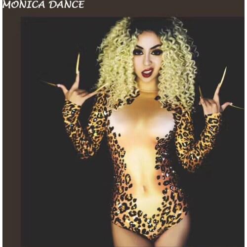Sexy Leopard Print Bodysuit Rhinestones Costumes bodysuit Nightclub for DJ Dancer Singer Stage Wear Costume Women Sexy Clothed
