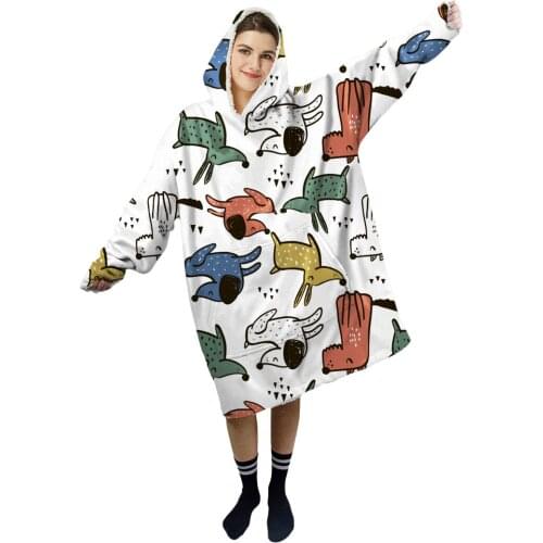 Dog Pattern Sherpa Super Warm Sweatshirt Wearable Hooded Blankets Giant Pocket Oversized Drop Shipping TV Blanket