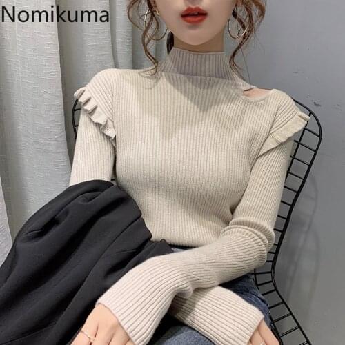 Nomikuma Hollow Out Turtleneck Sweaters Women Sueter Mujer Ruffles Long Sleeve Slim Pullovers Jumpers Casual Fashion Tops 3b424