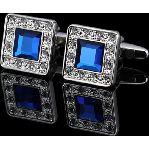 1 Pair High Quality Trendy Silver Color Square Cufflinks Classic Men Luxury Blue White Crystal Cuff Links French Shirt Cufflink