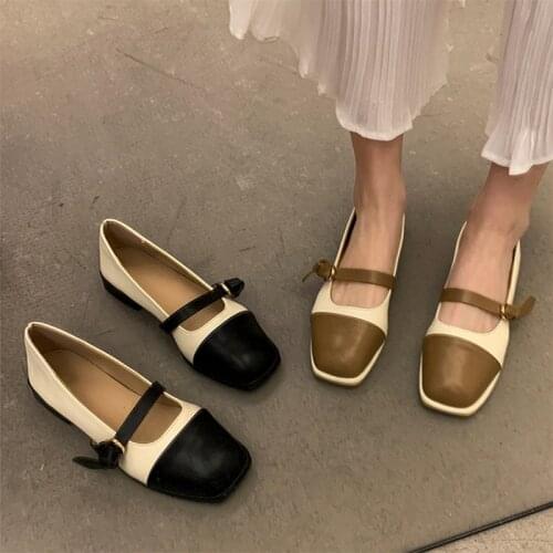 Women Mary Janes Shoes 2021 New Fashion Patchwork Dress Shoes Low heels Shallow Ladies Shoes Square Toe Slip on Boat Shoes 9301N
