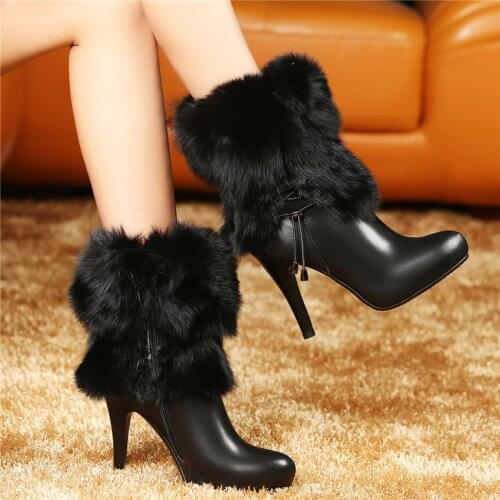 Black White Women Cow Leather High Heel Snow Boots High Top Rabbit Fur Platform Pumps Shoes Round Toe Winter Warm Ankle Boots