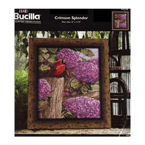 Gold Collection Popular Counted Cross Stitch Kit Crimson Splendor Cardinals Red Bird and Hydrangea Purple Flower