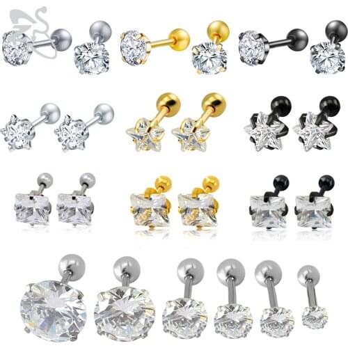 ZS 1 Pair Zircon Stud Earring For Women Girls 3-8mm Round Star Square Ear Stud 3 Colors Helix Cartilage Piercing Earring Jewelry