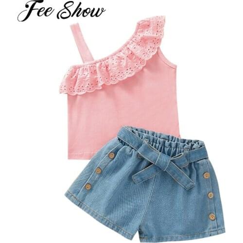 Toddler Baby Girls 2pcs Kids Casual Outfits Summer One Shoulder Ruffles Lace T-Shirts Sleeveless Vest + Elastic Waistband Shorts