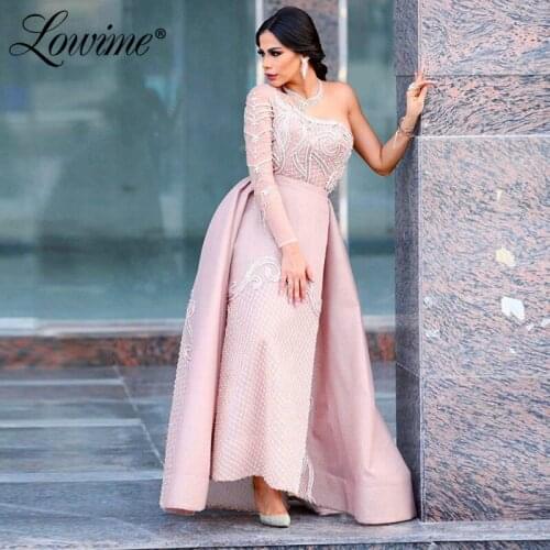 Arabic One Shoulder Long Sleeve Evening Dress Dubai Beaded Ankle Length Elegant Middle East Party Gowns 2020 Pink Prom Dresses