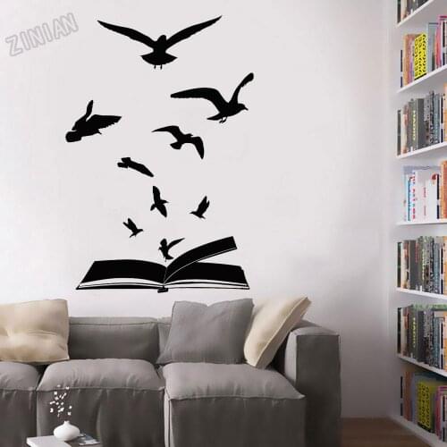 Large Vinyl Wall Decal For Book Room Open Book Flock Of Birds Learning Wall Sticker Decor Library Retro Bedroom Wall Murals Y073