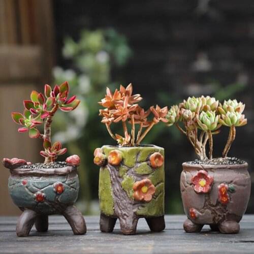 Coarse Pottery Flowerpot with a Hole Creative Succulent Plant Pot Korean Style Floral Ceramic Crafts Office Desktop Ornaments