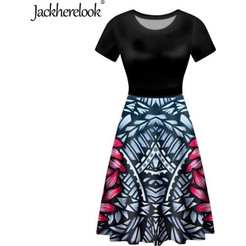 Jackherelook Summer 2021 O Neck Beach Dress Polynesain Tribal Floral Print Short Sleeve A Line Midi Party Dresses Robe Mujer