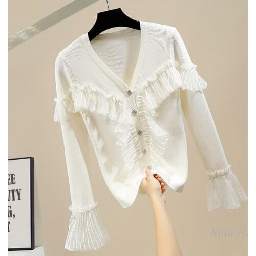 Cardigan Woman Sweet Pleated Irregular Mesh Ruffles Stitching Single-Breasted V-neck Slim Fit All-Match Knitted Coat Femme