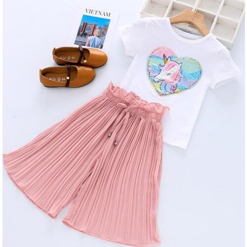 Toddler Girls Clothing Sets 2020 Summer Girls Clothes Unicorn Sequins Chiffon Pants Outfit Kids Tracksuit Suit Children Clothing