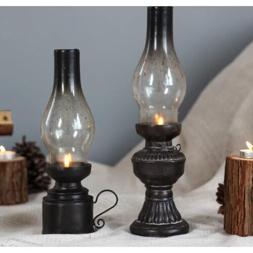Creative Resin Crafts Nostalgic Kerosene Lamp Candle Holder Decoration Vintage Glass Cover Lantern Candlesticks Home Decor Gifts