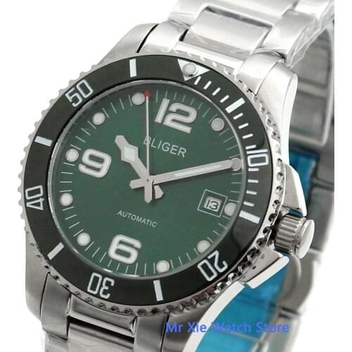 Bliger 40mm Green Dial Mens Automatic Watch Ceramic Bezel Sapphire Glass Luminous Waterproof Wristwatch Men