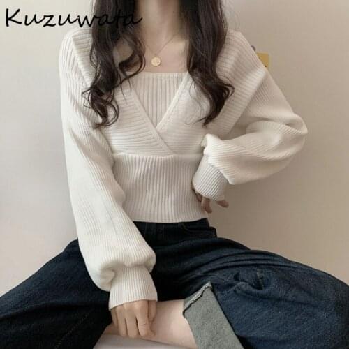 Kuzuwata 2021 New Design Fake Two Piece Women Pullovers Autumn Winter Solid Bottoming Sweaters Aesthetic Puff Sleeve Knit Coat