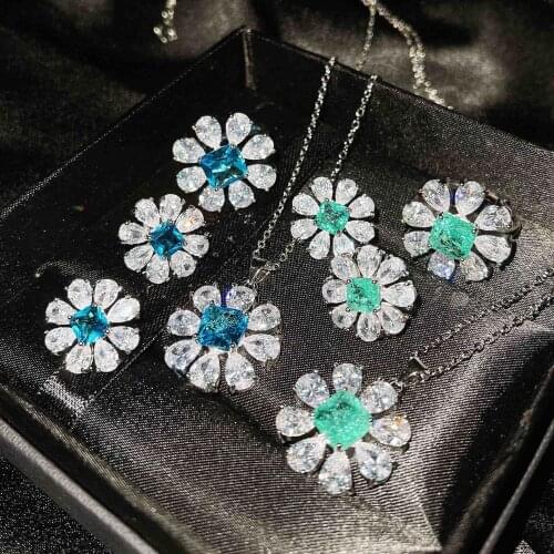 925 Silver Aquamarine Emerald White Zircon Inlaid Ring Necklace Pendant Earring Set Female Wedding Engagement Jewelry Wholesale