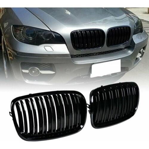 Front Kidney Double Line Grills Grille for BMW E70 X6 E71 X5M X6M X6 Hybrid 2007-2013 2-Pc Set Sporty Look - Black