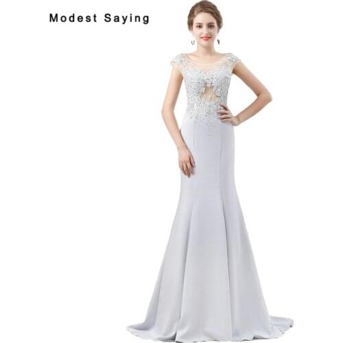 Sexy Sheer Silver Lace Evening Dresses 2018 New Engagement Gowns Formal Long Mermaid Beaded Party Prom Gowns vestido de festa