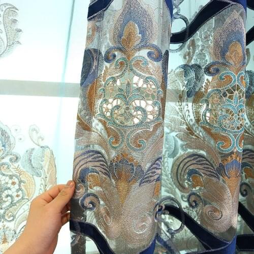 European High grade Water Soluble Curtains for Living Room Bottom Jacquard Stitching Blue Peacock Embroidered Sheer Curtain