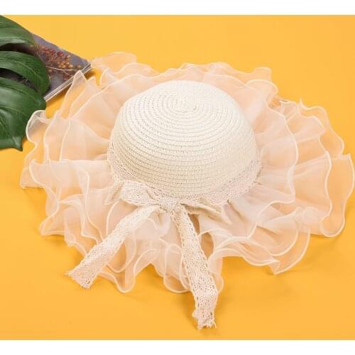 2-6Years Kids Baby Girls Straw Hat 2021 Summer Children Tulle Mesh Ruffle Sunhats Boho Beach Hats Fisherman Cap